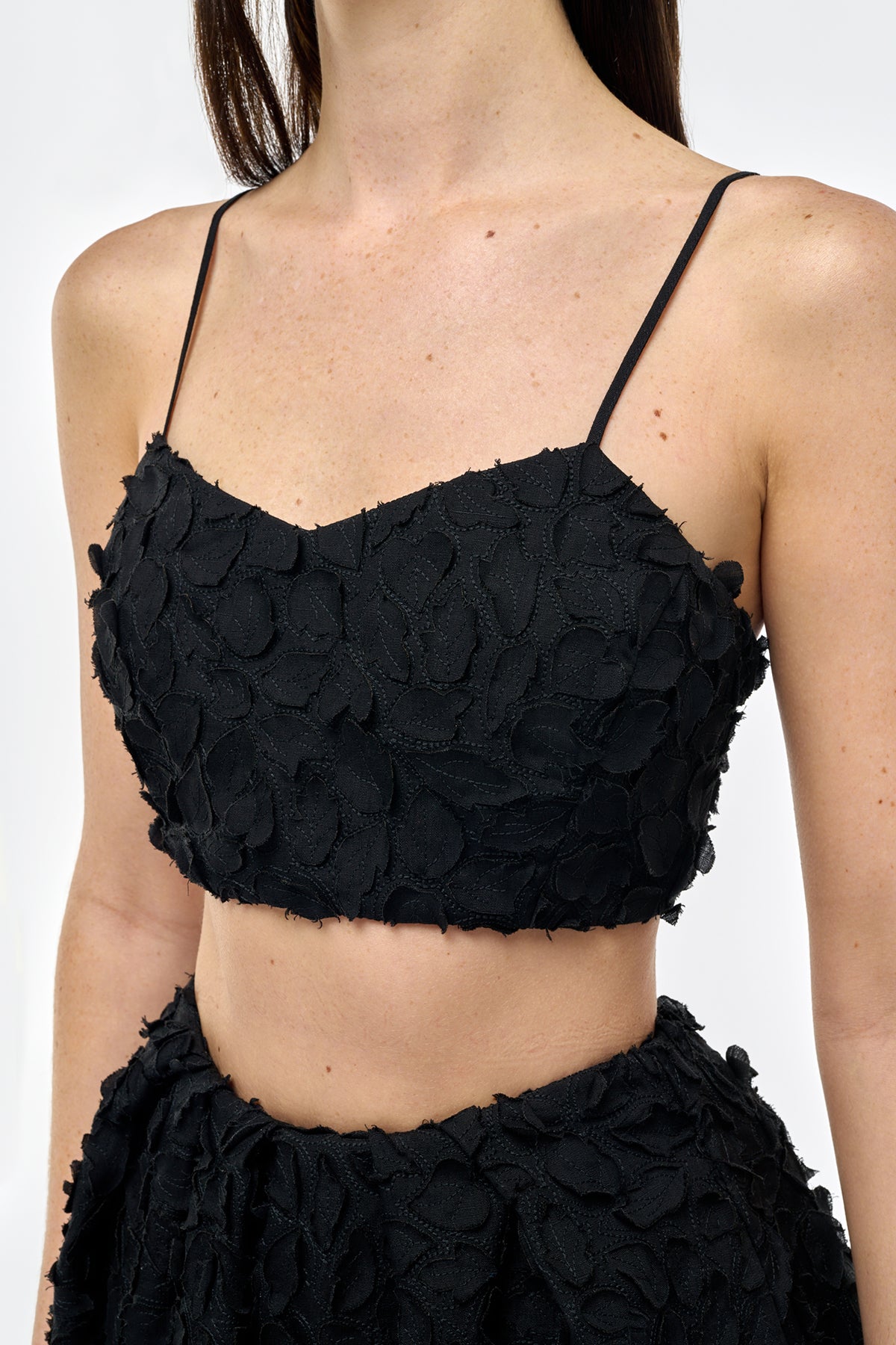 Priya Embroidered Leaves Bralette Top in Black Linen