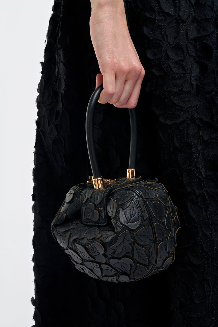 Demi Embroidered Leaves Bag in Black Nappa Leather