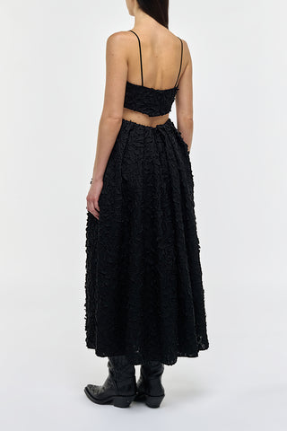 Zelia Embroidered Leaves Maxi Skirt in Black Linen