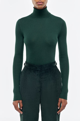 English Green Cashmere Turtleneck - Front View On Model | Gabriela Hearst
