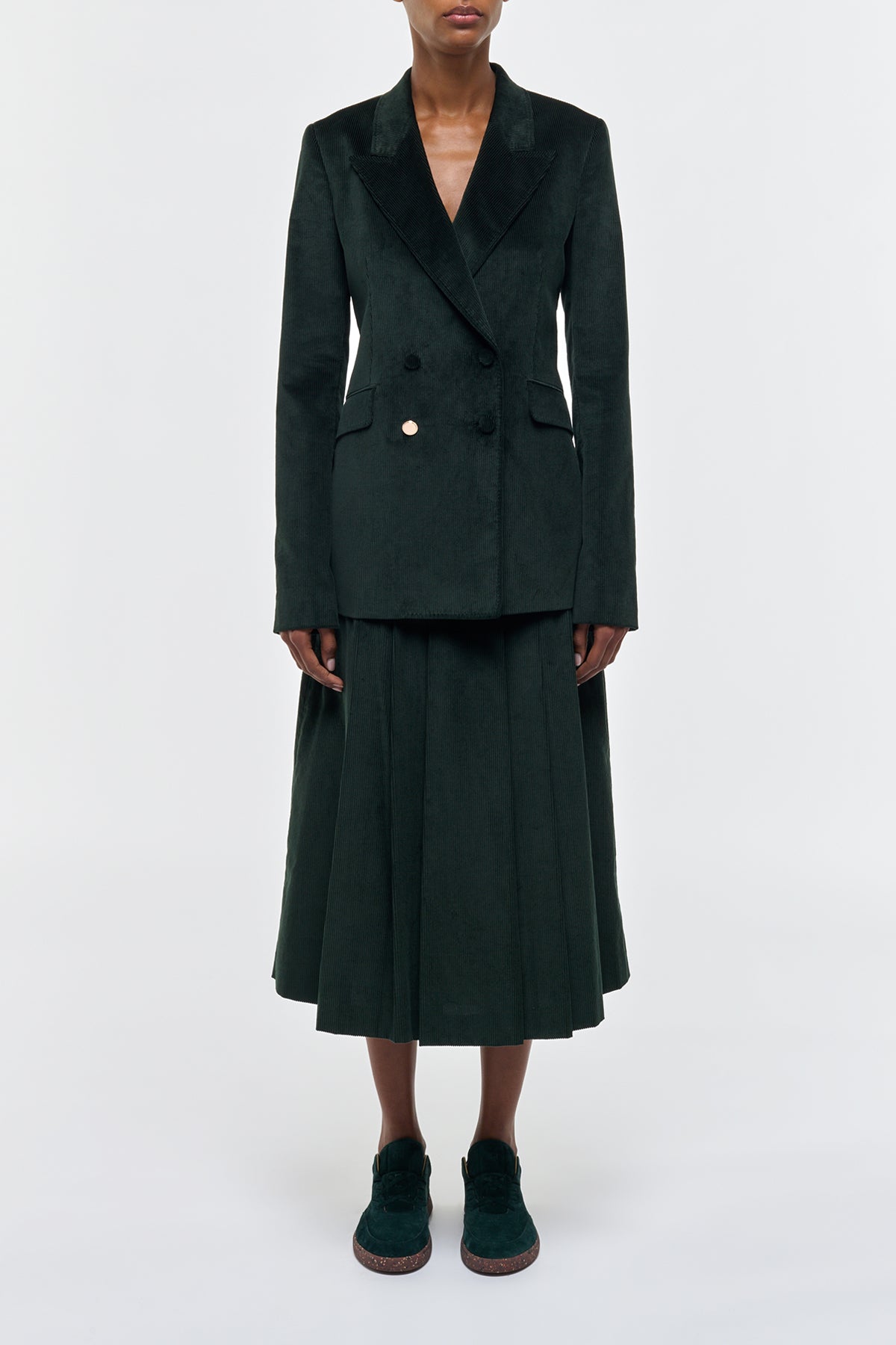 Wesley Pleated Midi Skirt in English Green Sea Island Cotton Corduroy