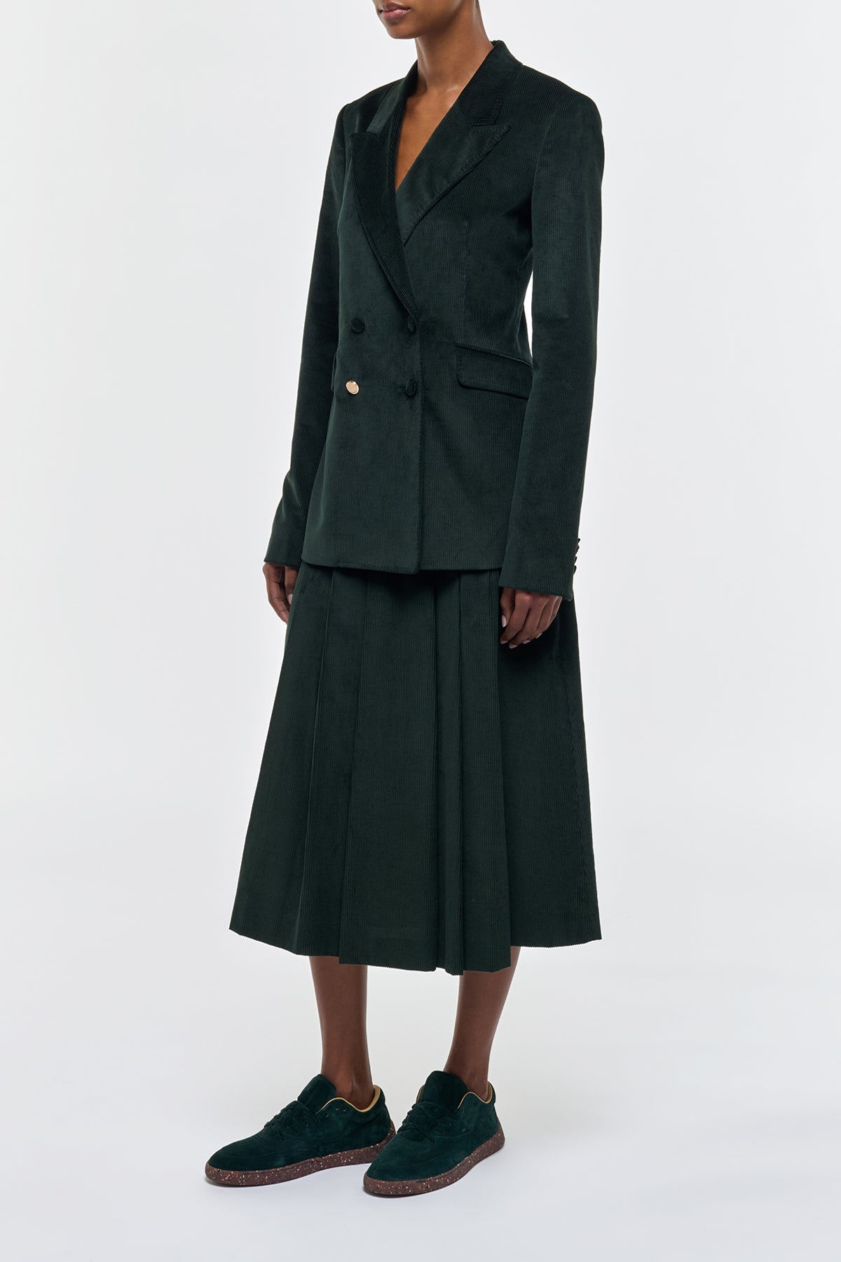 Wesley Pleated Midi Skirt in English Green Sea Island Cotton Corduroy