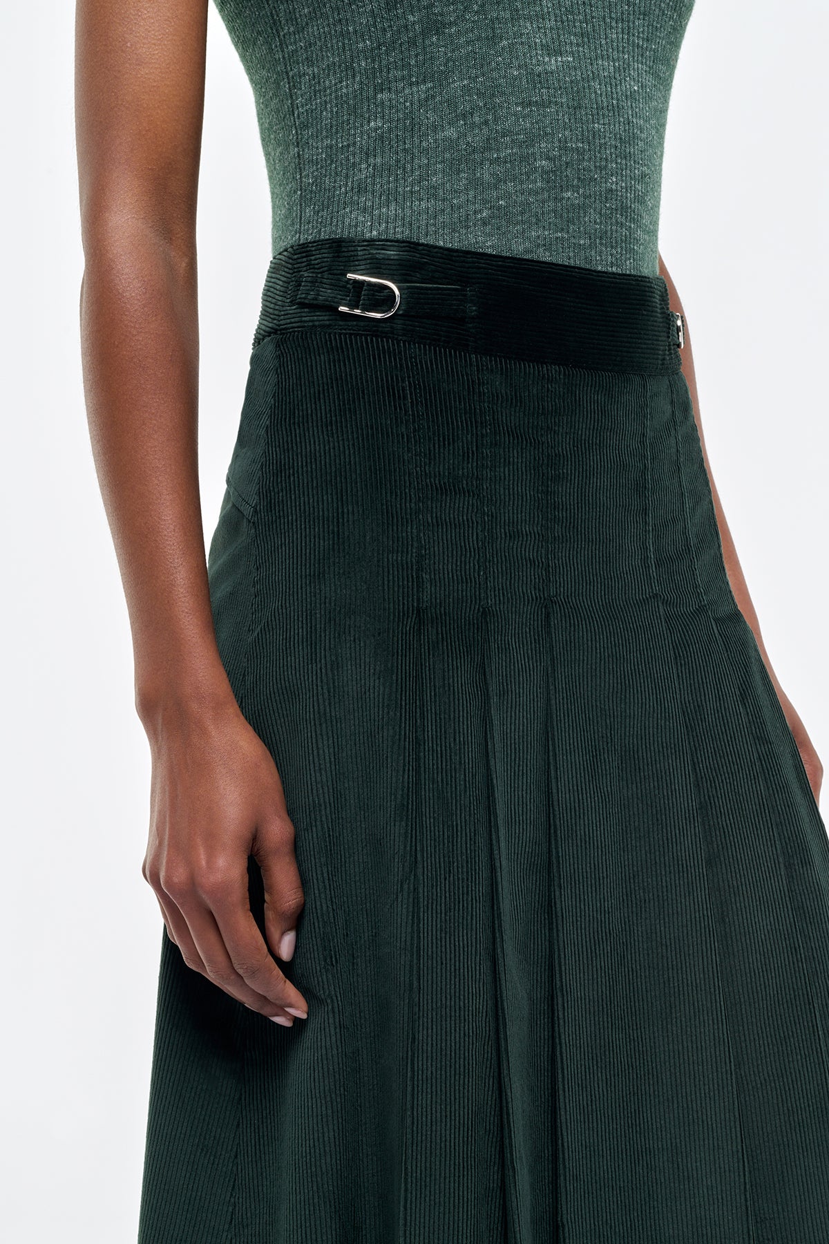 Wesley Pleated Midi Skirt in English Green Sea Island Cotton Corduroy