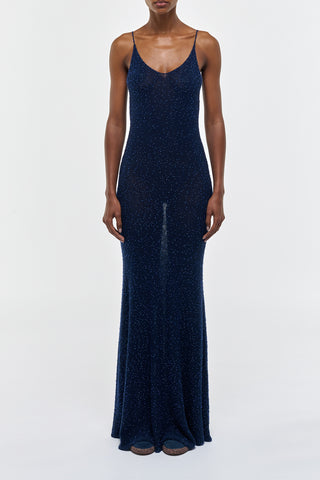 Electric Navy Beaded Cashmere Silk Florian Knit Maxi Slip Dress - Front View on Model | Gabriela Hearst