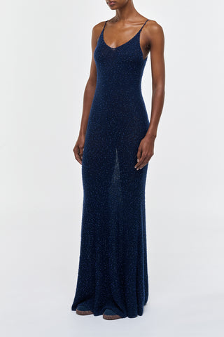 Electric Navy Florian Beaded Knit Maxi Slip Dress - Three-Quarter Side View on Model | Gabriela Hearst