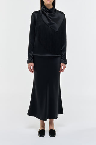 Black Silk Satin Anderson Fringe Scarf Top - Full Look On Model | Gabriela Hearst