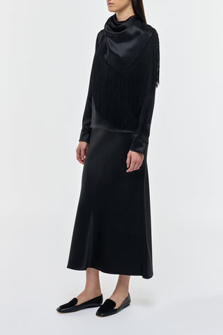 Black Silk Satin Fringe Scarf Top - Side View On Model | Gabriela Hearst