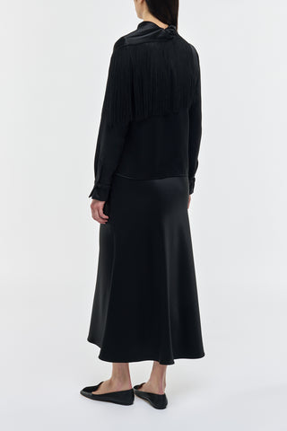 Black Silk Satin Anderson Fringe Scarf Top - Back View On Model | Gabriela Hearst