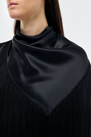 Black Silk Satin Fringe Scarf Top - Neckline Detail Close-Up | Gabriela Hearst