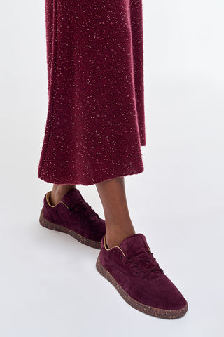 Burgundy Suede Sneakers - Styled Look with Textured Dress | Gabriela Hearst