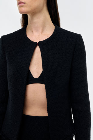 Black Basketweave Wool Normand Jacket - Neckline Closure Close-Up Detail | Gabriela Hearst