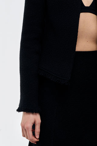 Black Virgin Wool Cashmere Normand Jacket - Raw Fringe Cuff Detail Close-Up | Gabriela Hearst