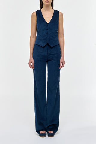 Electric Navy Corduroy Vesta Flare Pants - Full Length On Model | Gabriela Hearst