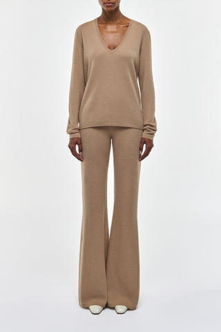 Camel Cashmere Vesper V-Neck Sweater and Pants Set - Front View on Model | Gabriela Hearst
