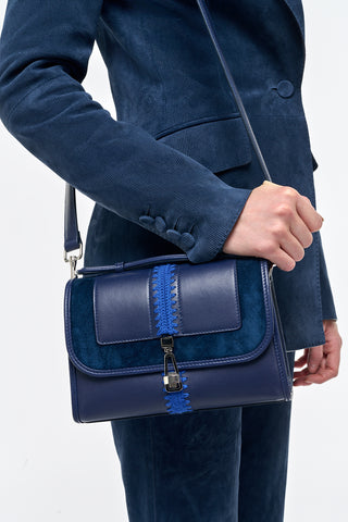 Navy Leonora Bag with Cobalt Embroidery - On Model Cross-body Style | Gabriela Hearst