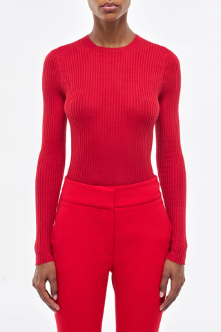 Scarlet Red Ribbed Cashmere Sweater - Front View On Model | Gabriela Hearst