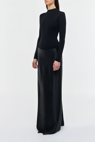Black Silk Satin Jessamy Maxi Dress - On Model Three-Quarter Side View, Extended Sweep | Gabriela Hearst