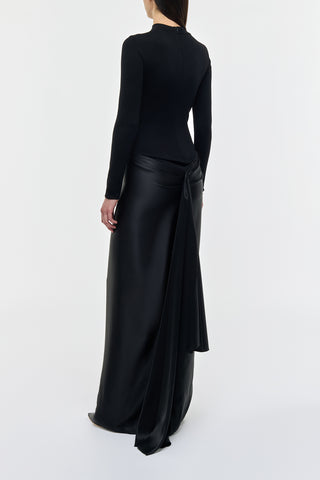 Black Silk Satin Jessamy Maxi Dress - Back View Gathered Low Back Drape Detail | Gabriela Hearst