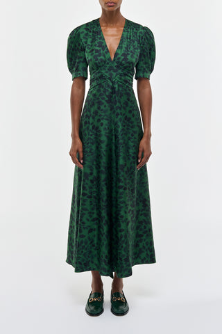 English Green Printed Silk Larkin Maxi Dress - Front View On Model | Gabriela Hearst