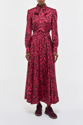 Fuchsia Leaf Print Silk Phelan Maxi Dress - Front View On Model | Gabriela Hearst