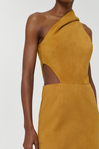 Cashew Suede Hooded Dress - Side Cutout Detail | Gabriela Hearst