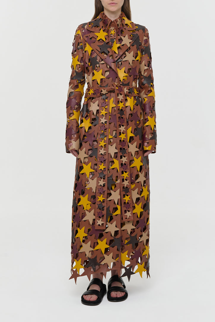 Nuria Patchwork Stars Trench Coat In Multi Nappa Leather