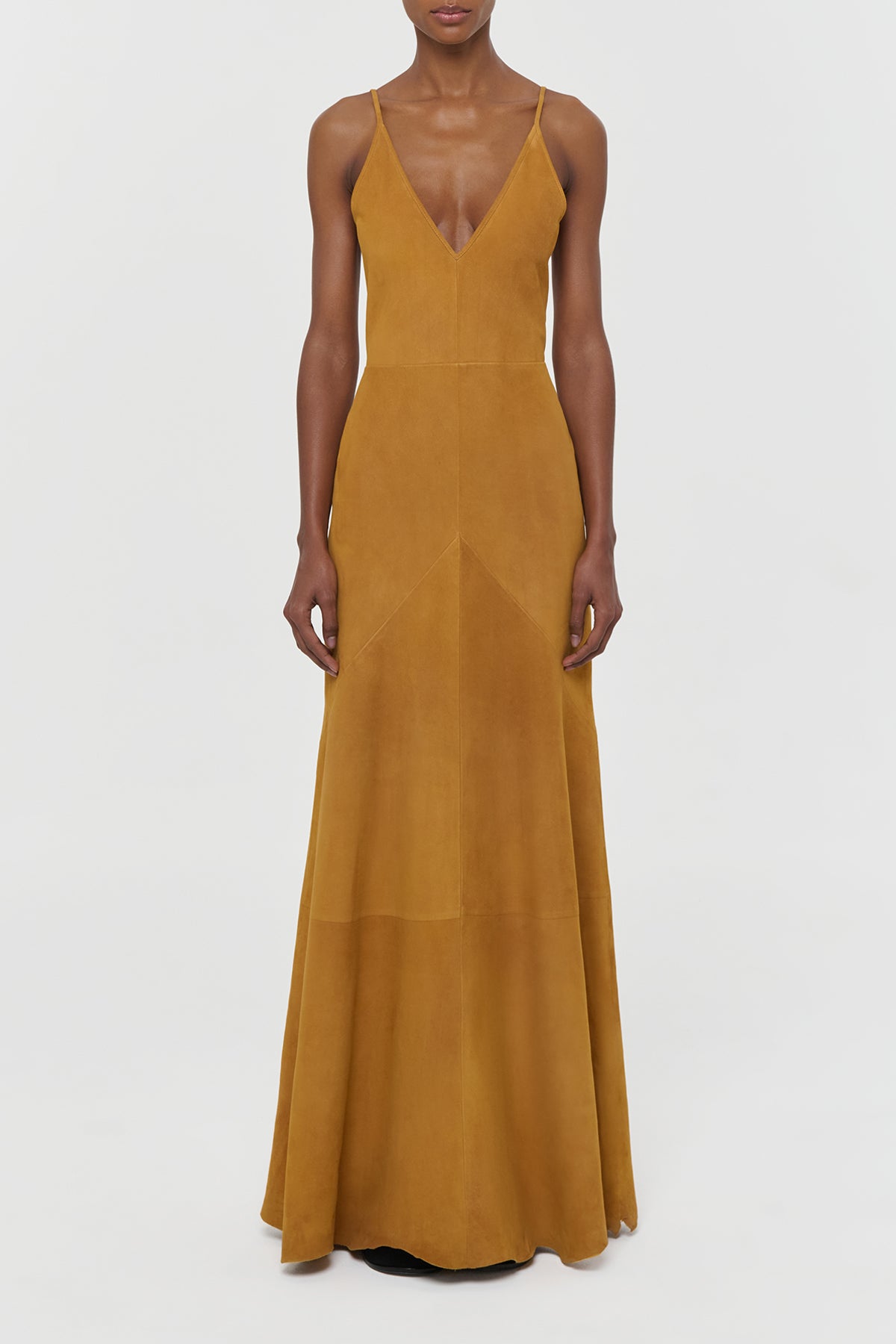 Brigita Slip Maxi Dress in Cashew Suede