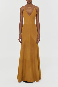 Brigita Slip Maxi Dress in Cashew Suede