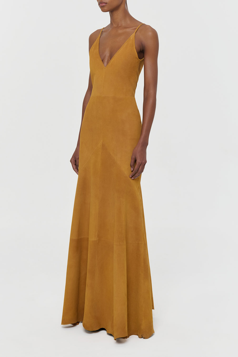 Brigita Slip Maxi Dress in Cashew Suede