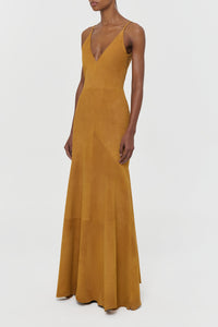 Brigita Slip Maxi Dress in Cashew Suede