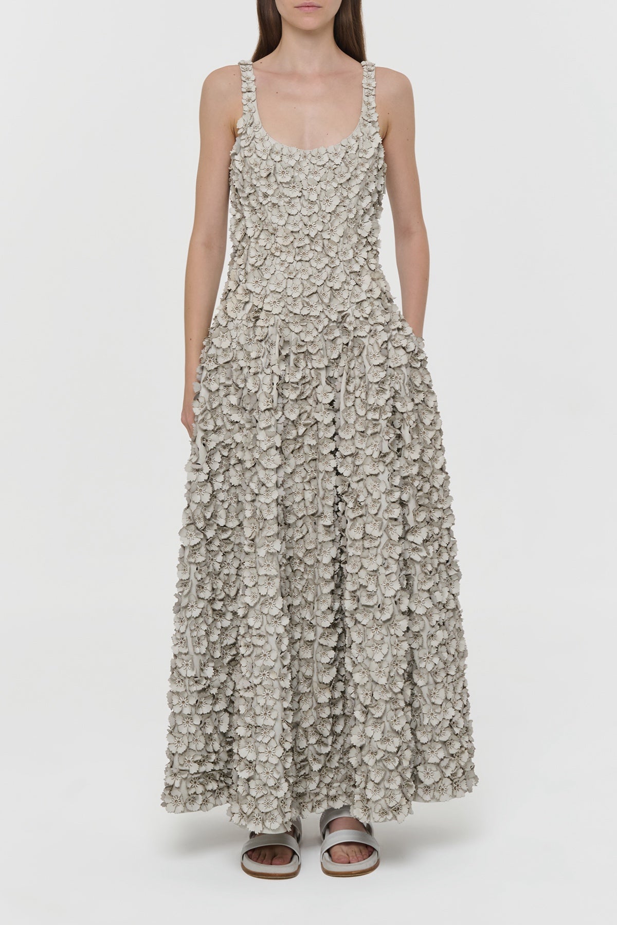 Ceolan Embroidered Floral Maxi Dress in White Leather