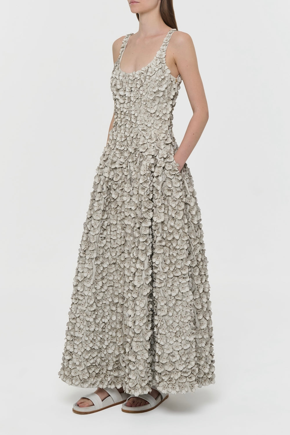 Ceolan Embroidered Floral Maxi Dress in White Leather