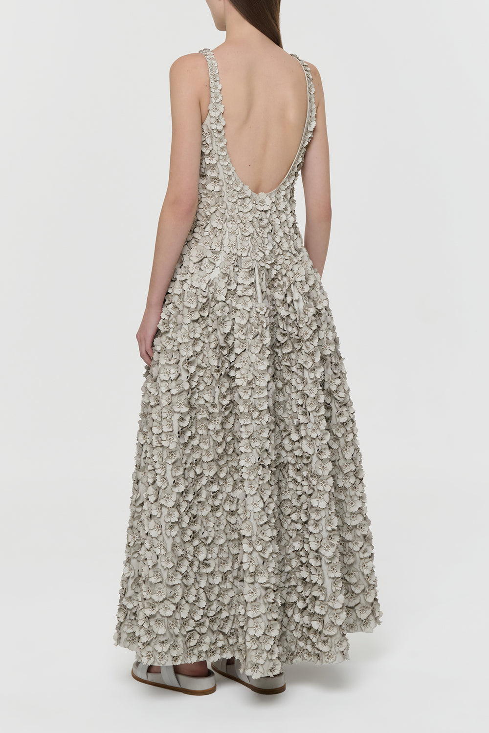 Ceolan Embroidered Floral Maxi Dress in White Leather