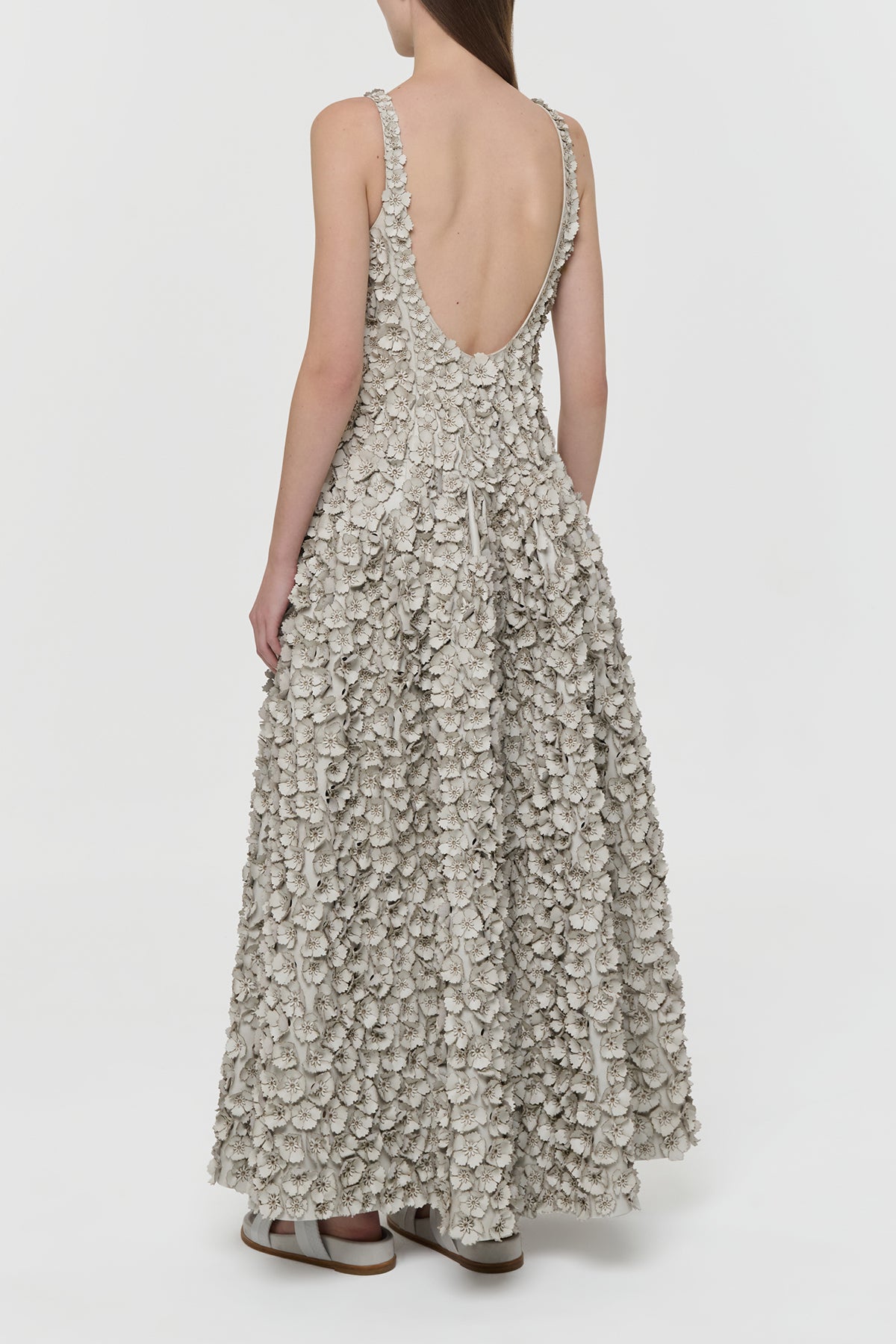 Ceolan Embroidered Floral Maxi Dress in White Leather