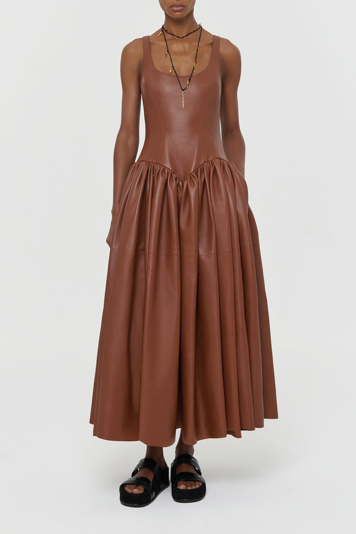 Isai Maxi Dress In Cognac Nappa Leather
