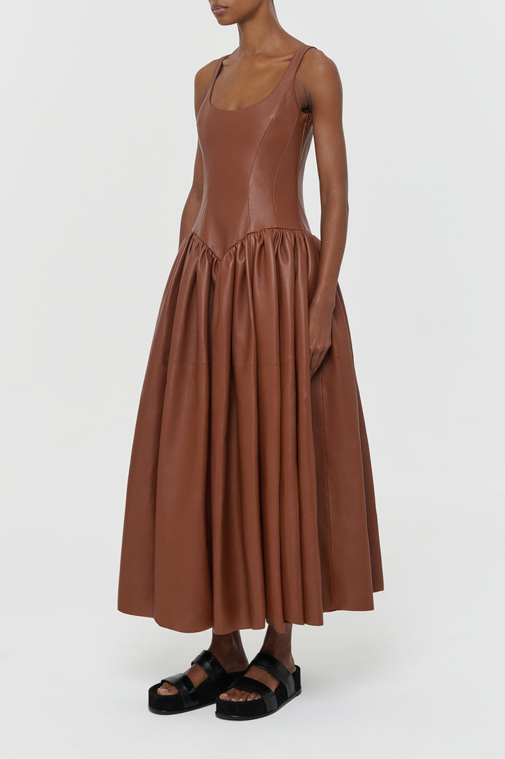 Isai Maxi Dress In Cognac Nappa Leather