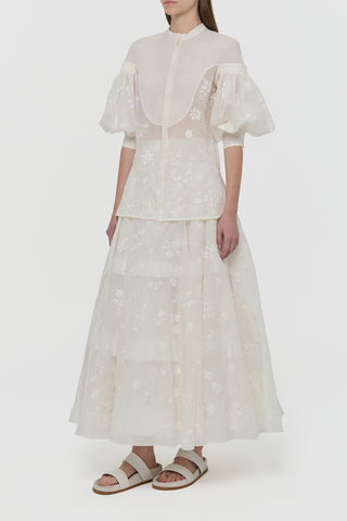 Sonya Mia's Flowers Maxi Skirt in Ivory Embroidered Silk Organza