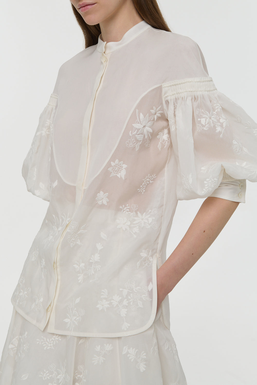 Sofia Mia's Flowers Blouse in Ivory Embroidered Silk Organza