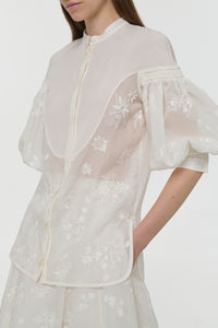 Sofia Mia's Flowers Blouse in Ivory Embroidered Silk Organza