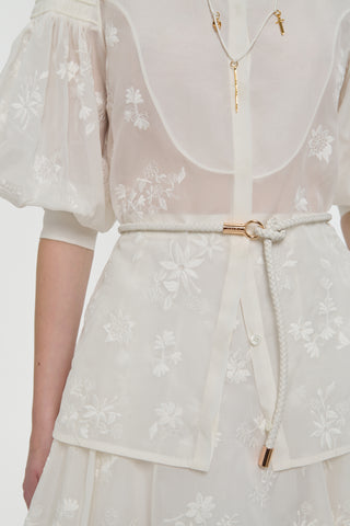 Ivory Rope Belt Styled with White Embroidered Dress - On Model | Gabriela Hearst