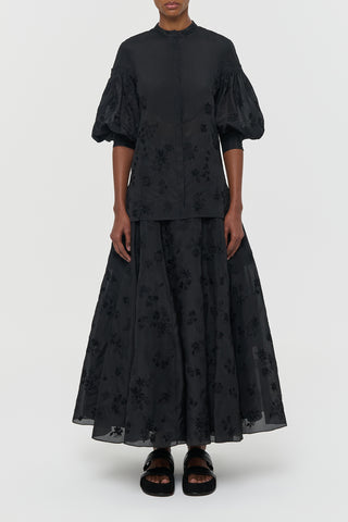 Black Embroidered Sofia Blouse Hand-Pleated Balloon Sleeves - Studio Front View | Gabriela Hearst