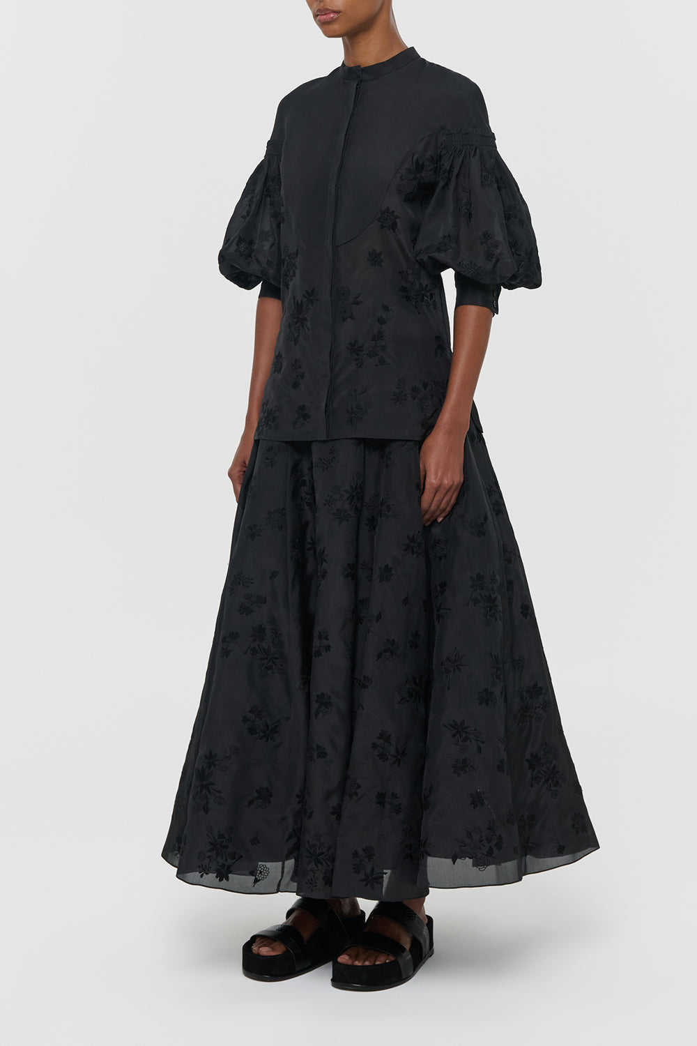 Sonya Mia's Flowers Maxi Skirt in Black Embroidered Silk Organza