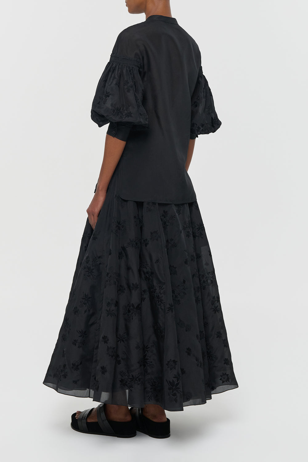Sonya Mia's Flowers Maxi Skirt in Black Embroidered Silk Organza