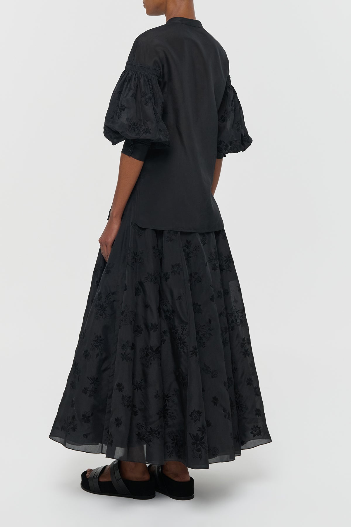Sonya Mia's Flowers Maxi Skirt in Black Embroidered Silk Organza