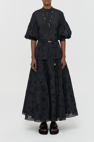 Black Sofia Mia's Flowers Blouse with Pleated Sleeves - Full Front View On Model | Gabriela Hearst