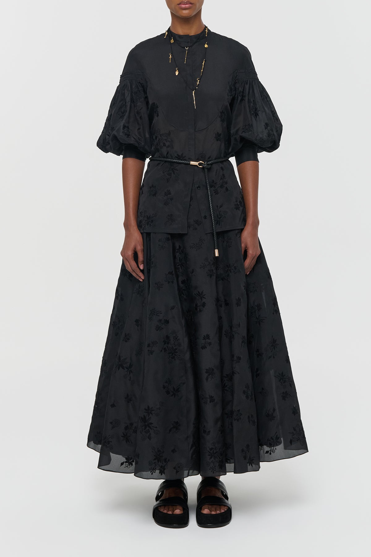 Sonya Mia's Flowers Maxi Skirt in Black Embroidered Silk Organza