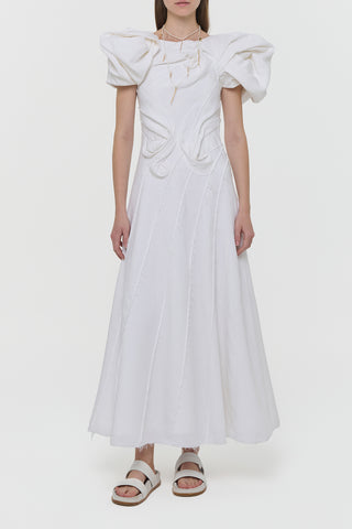 White Aloe Linen Navi Puff Sleeve Maxi Dress - Front View | Gabriela Hearst