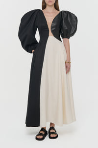 Sephir Maxi Dress In Ivory Silk Wool Cady & Black Linen Slub & Leather