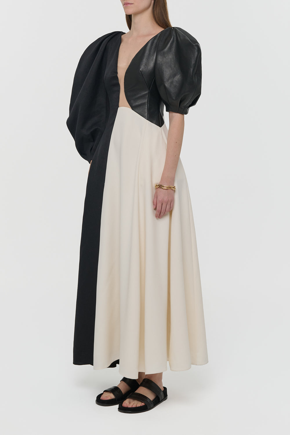 Sephir Maxi Dress In Ivory Silk Wool Cady & Black Linen Slub & Leather