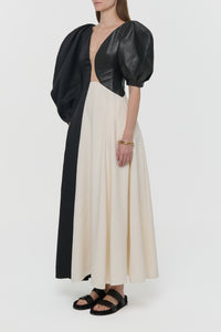 Sephir Maxi Dress In Ivory Silk Wool Cady & Black Linen Slub & Leather